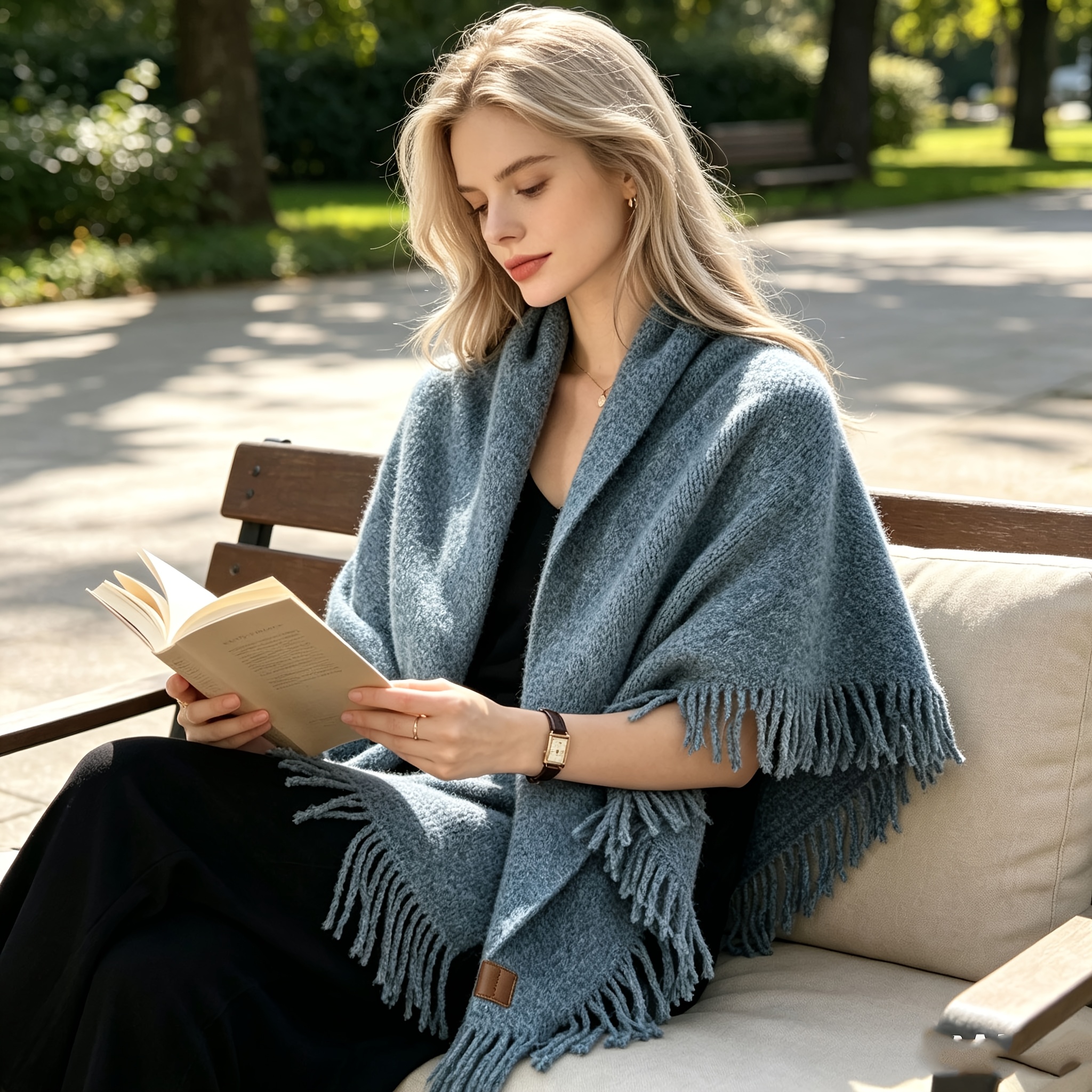 Fringed Triangle Shawl, Solid Color Scarf for Autumn/Winter